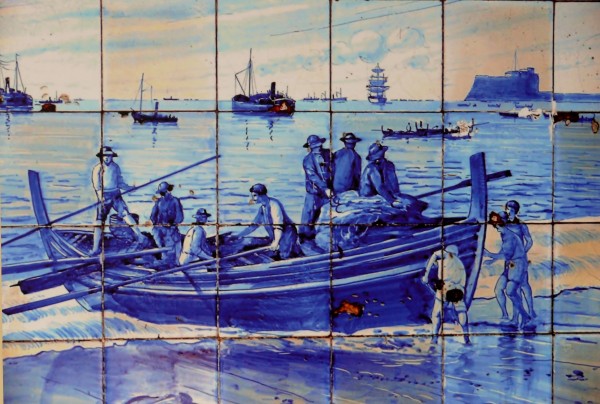 A bright fresco showing a boat coming ashore or perhaps trying to depart