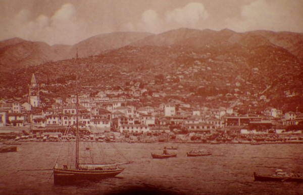 An old picture of Funchal showing the cathedral in the left of the image. 