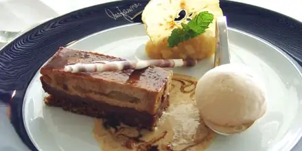 Madeira honey cake with apple compote and Malmsey sorbet